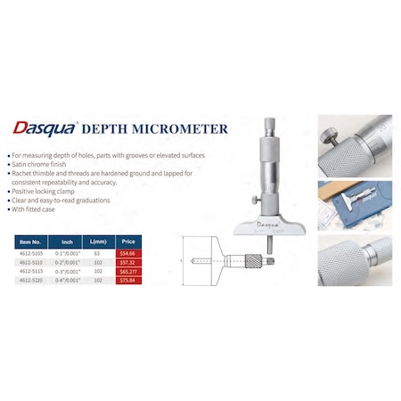 H & H Industrial Products Dasqua 0-2" Depth Micrometer 4612-5110